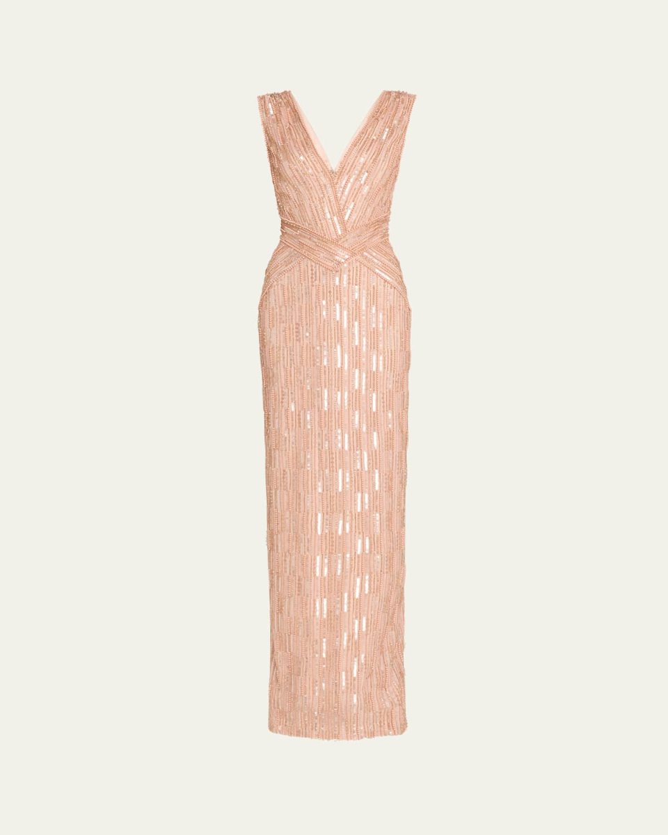 Column Bead Sequined Tulle Gown